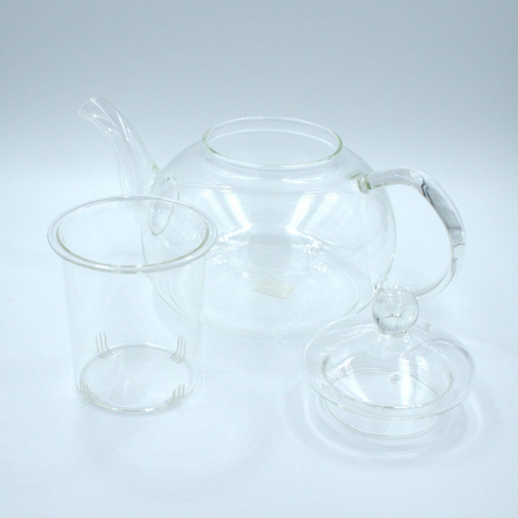 Glass Tea Pot view of pot and infuser with lid
